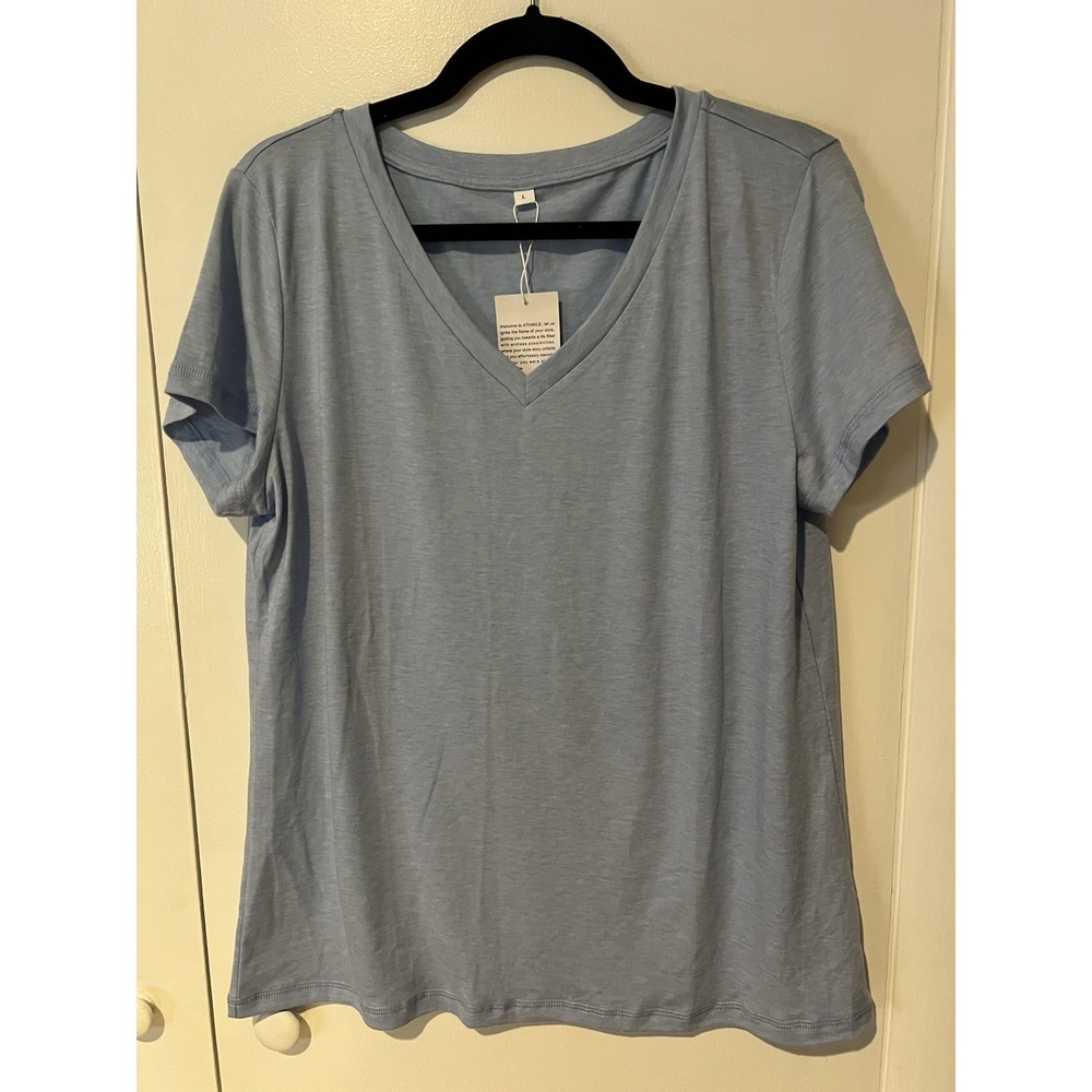 NWT Athmile Women's Light Blue V-Neck‎ T-Shirt Size Large Casual Basic Tee